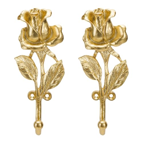SOFFEE DESIGN 2pcs Golden Single Hooks 3D Rose Flower Retro Ornate Style for Room Wall Decoration, Coat Hat Scarf Hanging Hanger Entry Heavy Hooks Home Decor - Image 1