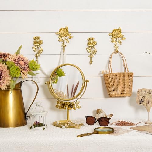SOFFEE DESIGN 2pcs Golden Single Hooks 3D Rose Flower Retro Ornate Style for Room Wall Decoration, Coat Hat Scarf Hanging Hanger Entry Heavy Hooks Home Decor - Image 2