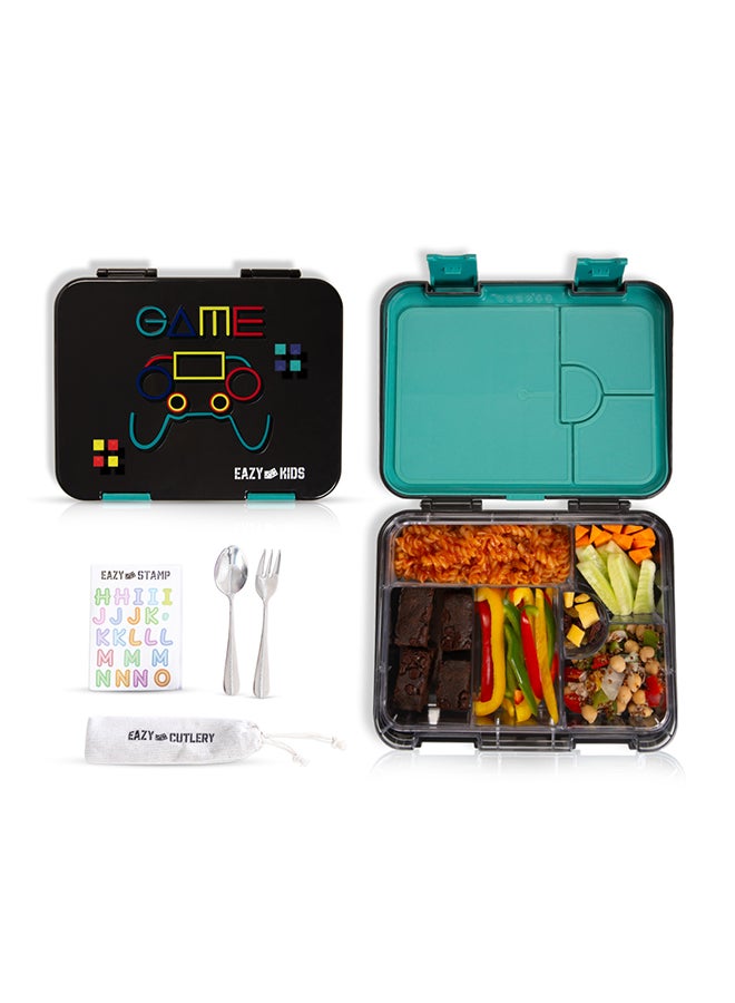 Eazy Kids - Personalized 6 & 4 Convertible Bento Lunch Box w / Steel Spoon & Fork Set and Alphabets Sticker - Gamer - Image 4