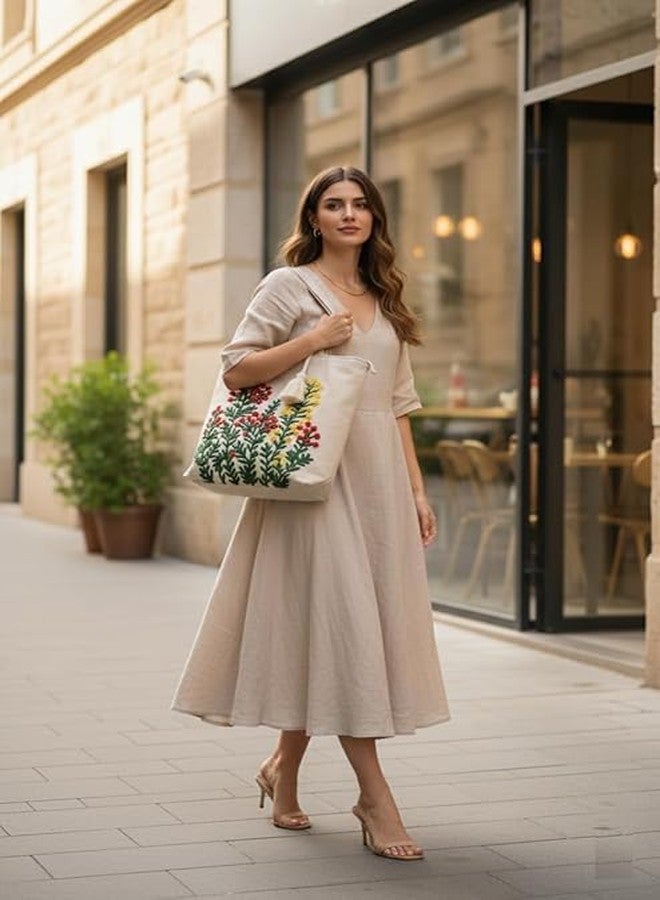 BLENZZA DECO حقيبة كتف وحقيبة يد من قماش الكانفاس القطني الطبيعي من بلينزا ديكو™، مزينة بتطريز عصري، مثالية للنساء، مناسبة للجامعة والتسوق والاستخدام اليومي (16 × 16 بوصة) (التصميم 1) - Image 5