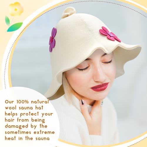 JaGely Flowers Sauna Hat Wool Banya Hat for Women Men White Sauna Cap Sauna Accessories Protect Your Head from Heat - Image 4