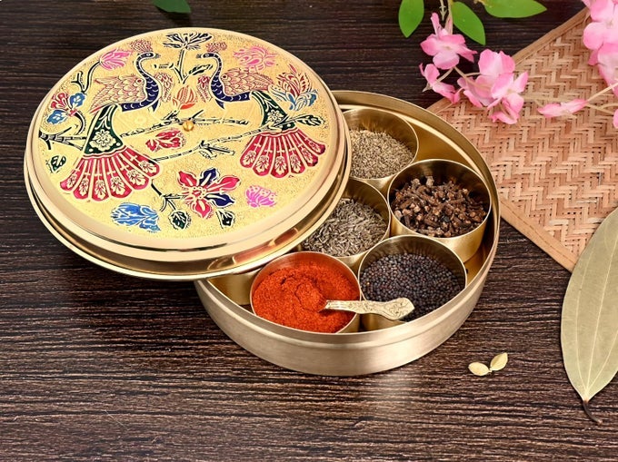 HAND COLOURED HANDCRAFTED BRASS MASALA BOX 7 DETACHABLE CONTAINERS 100 ML EACH WITH SPOON SPICE STORAGE BOX FOR KITCHEN MEDIUM SIZE