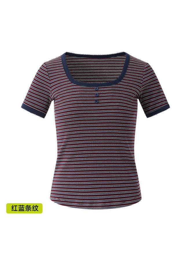 a New Tencel Cotton Striped T-shirt Women's Smocking Large U-neck Slimming Skin-friendly Breathable Short Sleeve Women