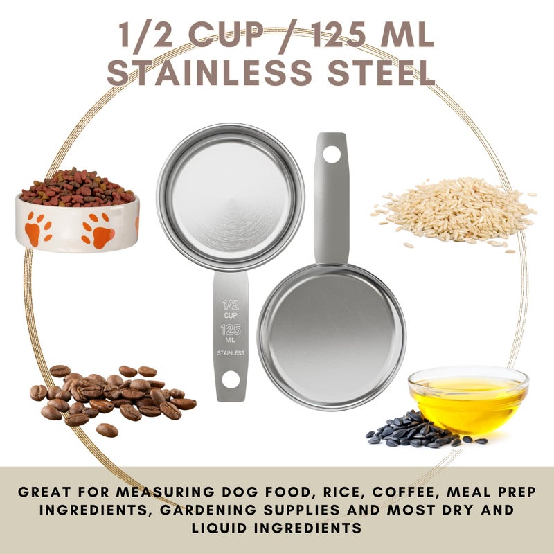 Knupp Co. 1/2 Cup Stainless Steel Measuring Cup | Sturdy Metal 125 ml | 125 cc | 4 oz | Single Cup for Wet and Dry Ingredients | Great for use as 1/2 Cup Dog Food Scoop - 1 PK - Image 2