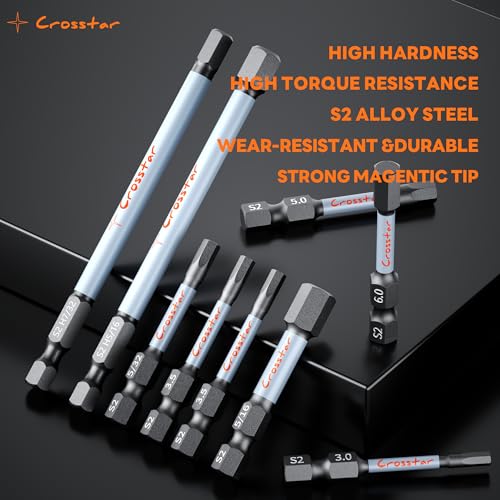 Crosstar 2Inch Compact Hex Bit Set 10PCS Metric Short Impact Allen Wrench Drill Bits S2 Steel 14 HexShank CNC Machined Tips with Storage Case Carabiner Clip - Image 3