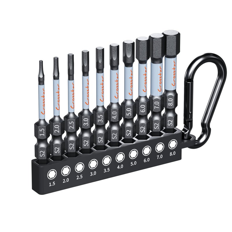 Crosstar 2Inch Compact Hex Bit Set 10PCS Metric Short Impact Allen Wrench Drill Bits S2 Steel 14 HexShank CNC Machined Tips with Storage Case Carabiner Clip - Image 2