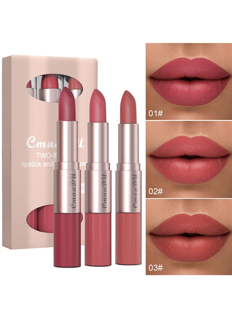 CmaaDu - 3 Pcs 2 in 1 Lipstick and Lip Gloss Set Matte Velvet Double Headed Waterproof Non Stick Cup Long Lasting High Pigment Lip Makeup for Women - Image 1