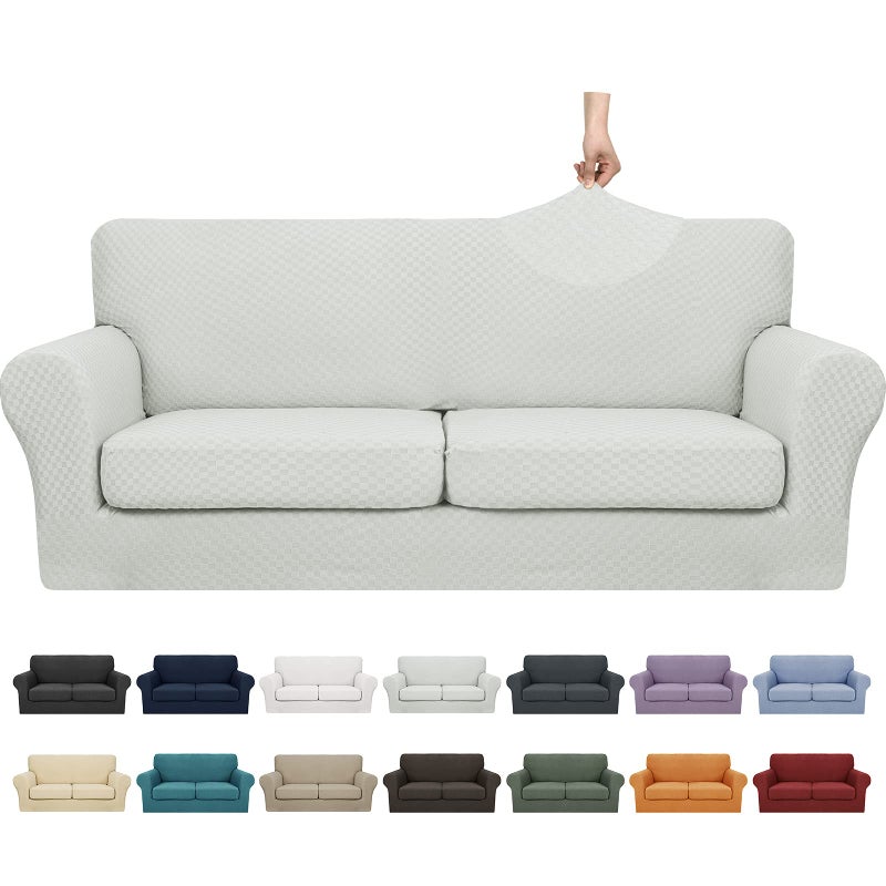 YEMYHOM Latest Checkered 3 Pieces Couch Covers for 2 Cushion Couch High Stretch Sofa Cover with 2 Extra Large Seat Cushion Covers Anti Slip Elastic Slipcovers Ivory 71912 Cushions