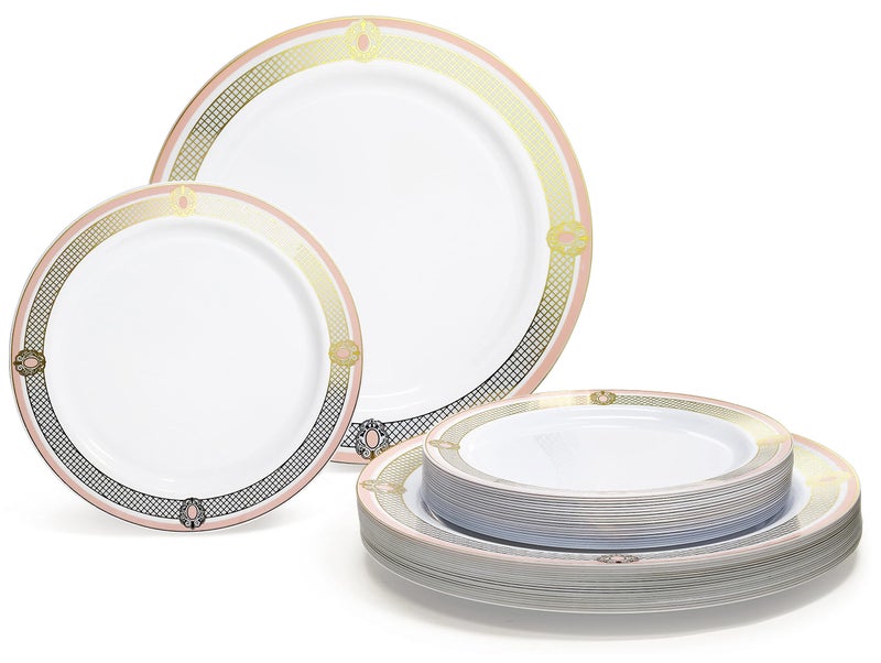 OCCASIONS FINEST PLA "" OCCASIONS "" 50 Plates Pack (25 Guests)-Wedding Party Disposable Plastic Plate Set -25 x 10.25'' Dinner + 25 x 7.5'' Salad & Dessert plates (Royal in White/Blush & Gold) - Image 1