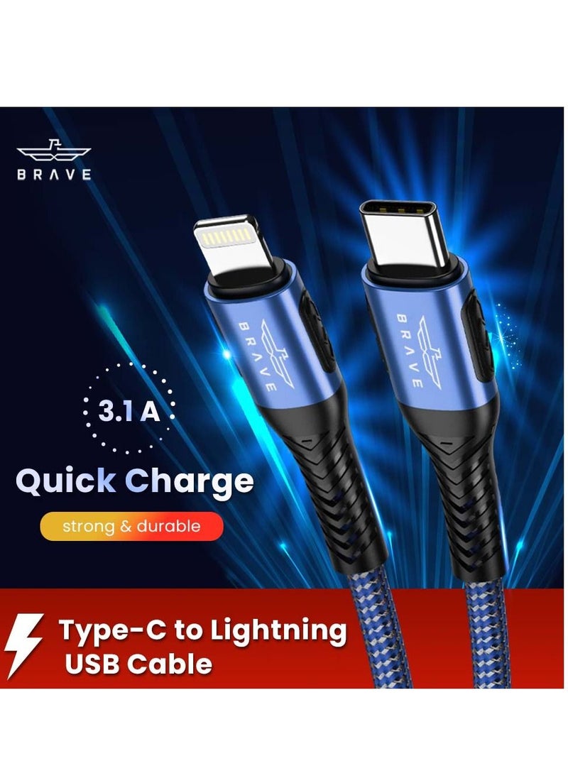 Brave - Brave 30w Type-C to Lightning Nylon Braided Data Cable 3.1A Fast Charging Charger for iPhone 14 Pro Max, iPhone 13 12 11 Pro Max Mini XS 1.2m (Blue) - Image 1