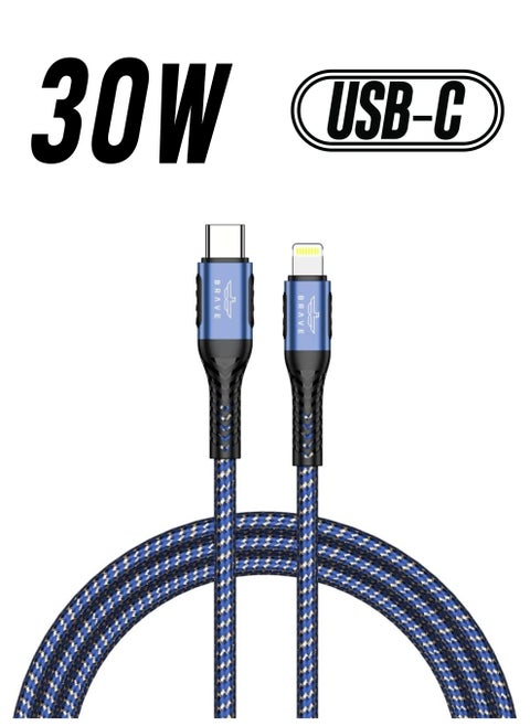 Brave 30w Type-C to Lightning Nylon Braided Data Cable 3.1A Fast Charging Charger for iPhone 14 Pro Max, iPhone 13 12 11 Pro Max Mini XS 1.2m (Blue)