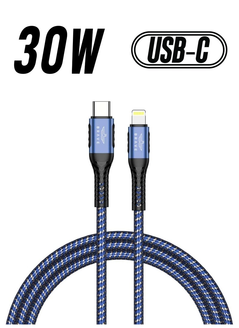 Brave - Brave 30w Type-C to Lightning Nylon Braided Data Cable 3.1A Fast Charging Charger for iPhone 14 Pro Max, iPhone 13 12 11 Pro Max Mini XS 1.2m (Blue) - Image 1