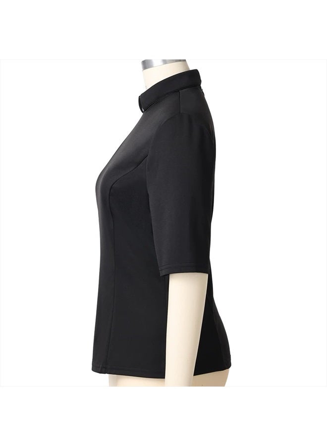 CAMDOM Womens Church Clergy Shirt with Tab Collar Spring/Summer Half Sleeve Slim Blouse Top Black  - Image 3