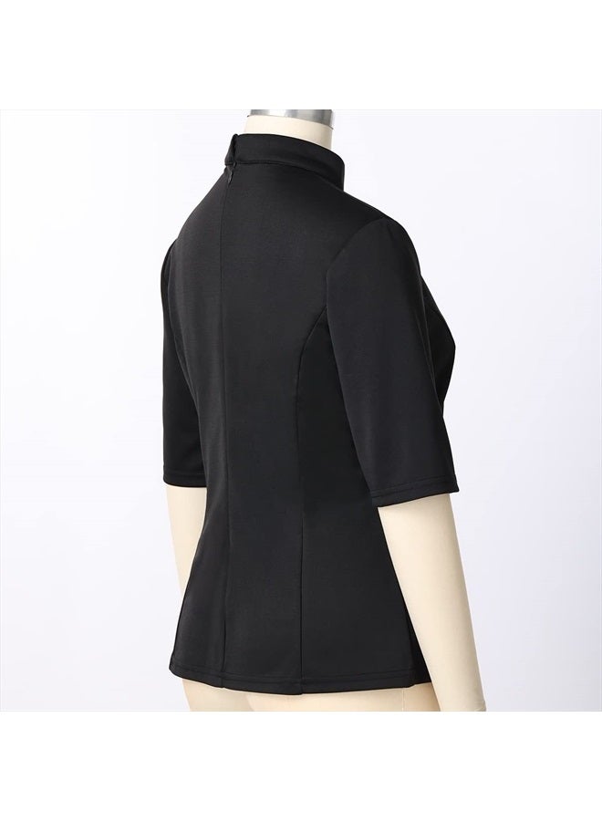 CAMDOM Womens Church Clergy Shirt with Tab Collar Spring/Summer Half Sleeve Slim Blouse Top Black  - Image 4