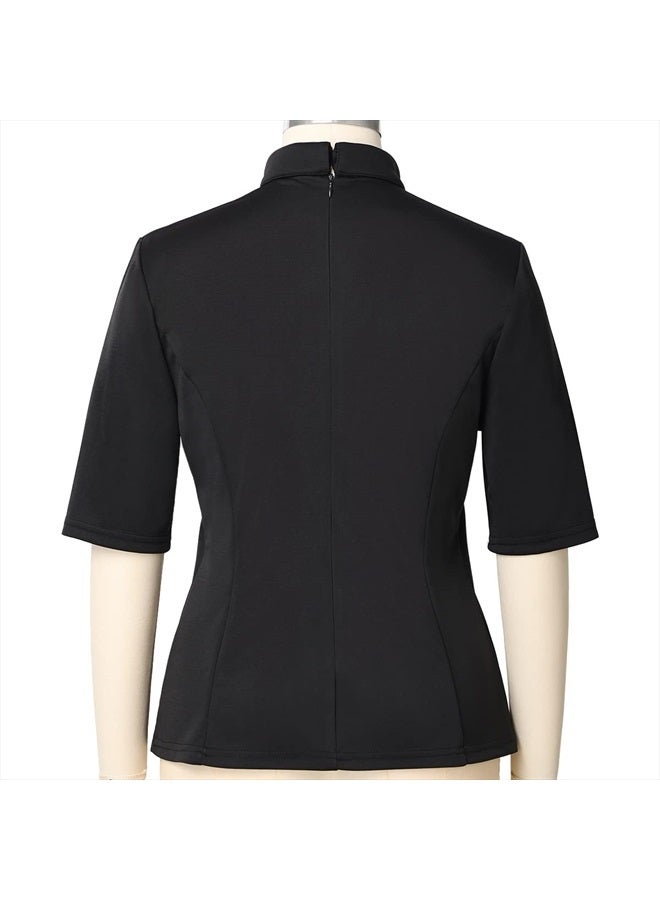 CAMDOM Womens Church Clergy Shirt with Tab Collar Spring/Summer Half Sleeve Slim Blouse Top Black  - Image 5