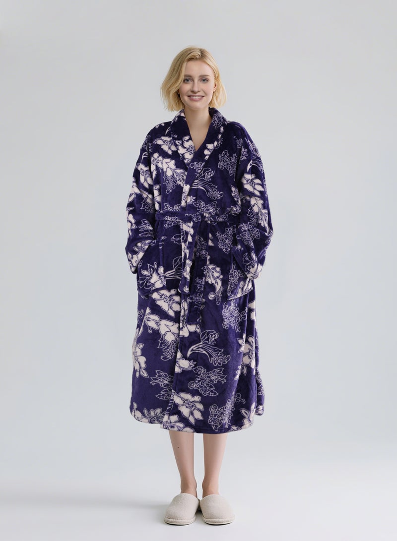 Noon East All Flower Print Flannel Bathrobe - 250 Gsm 100% Polyester Soft Fuzzy Plush For Women - Shawl Collar & Pocket - Blue Color, M Size - Image 1
