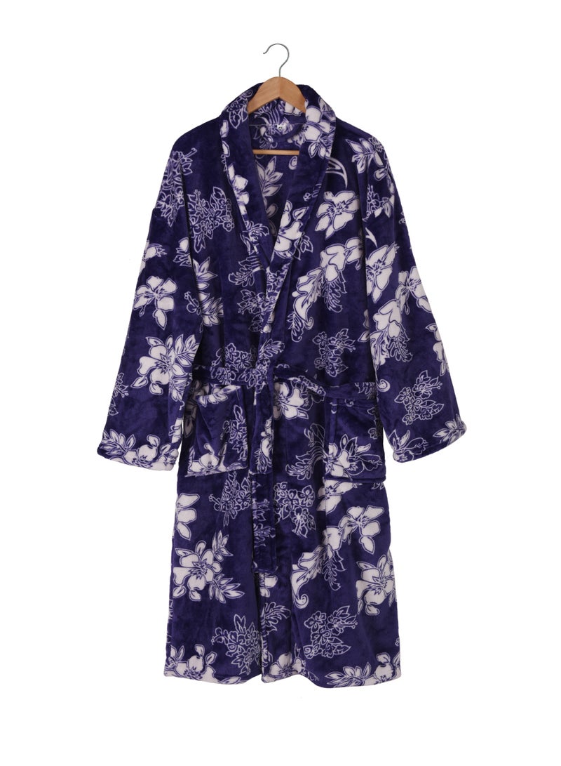 Noon East All Flower Print Flannel Bathrobe - 250 Gsm 100% Polyester Soft Fuzzy Plush For Women - Shawl Collar & Pocket - Blue Color, M Size - Image 4