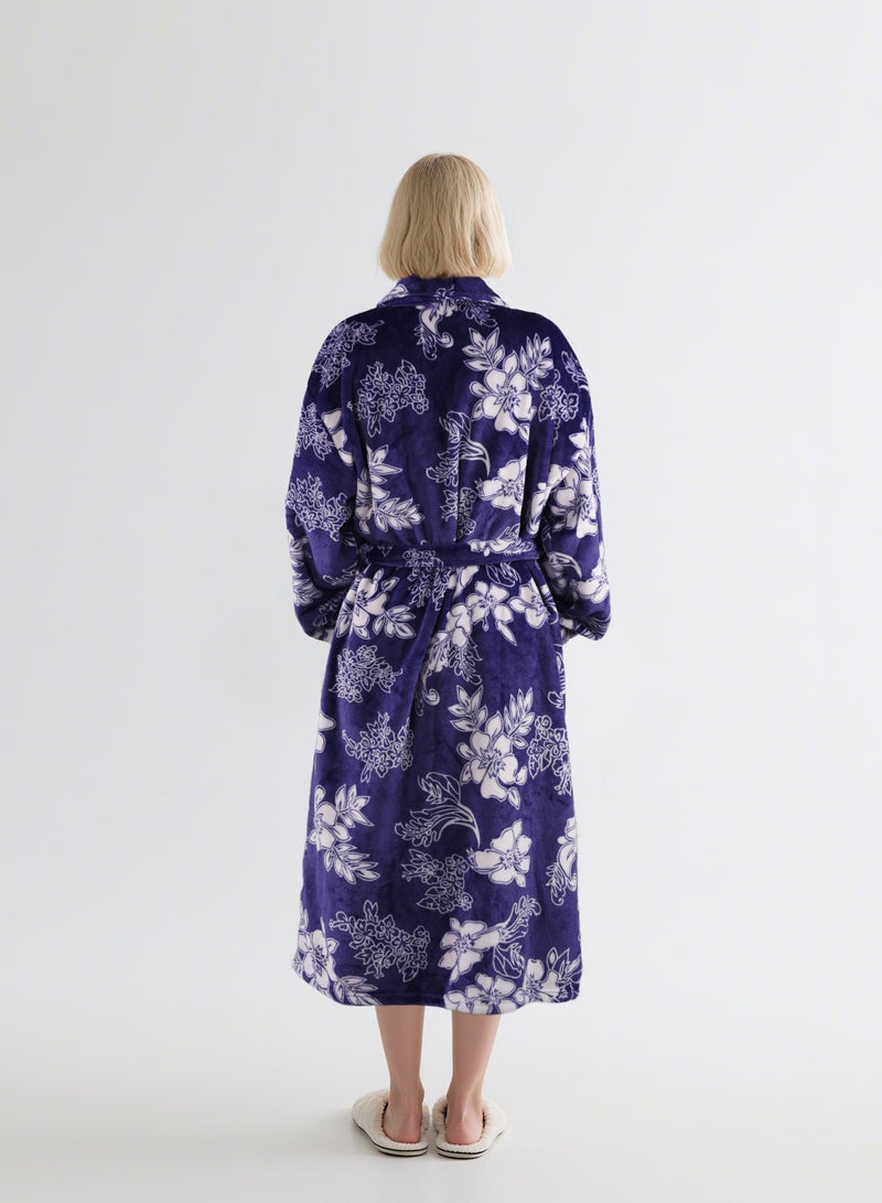 Noon East All Flower Print Flannel Bathrobe - 250 Gsm 100% Polyester Soft Fuzzy Plush For Women - Shawl Collar & Pocket - Blue Color, M Size - Image 3