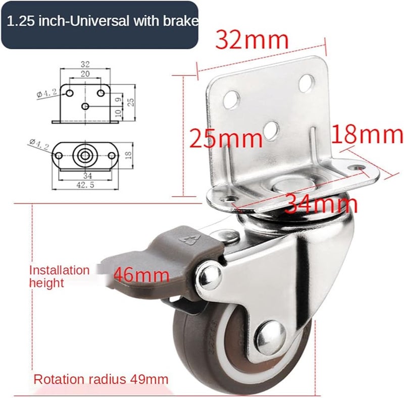 Heavy Duty 20kg Mute Swivel Casters 1 25 Inch With Brake For Furniture Cabinet Workbench Soft Rubber Universal Castor - Image 3