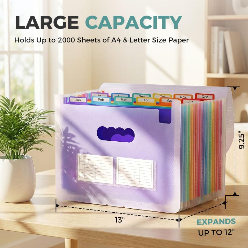 SKYDUE Accordion File Organizer, Expanding File Folder with 12 Pockets, Portable Document Paper Bill Receipt Organizer, Home School Office Supplies, Letter A4 Size Purple - Image 2