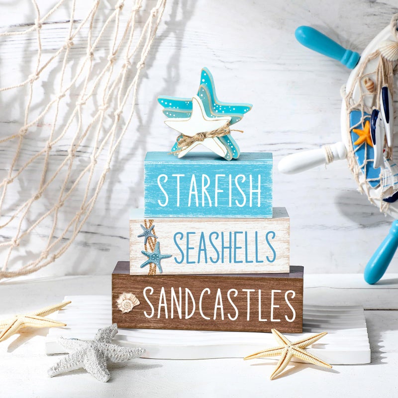 Yuntau 4 Pcs Beach Summer Table Decor Starfish Seashell Coastal Wooden Block Sign Ocean Tiered Tray Decor Farmhouse Table Centerpieces Rustic Nautical Decorations for Home Office Desk Shelf Mantel - Image 2