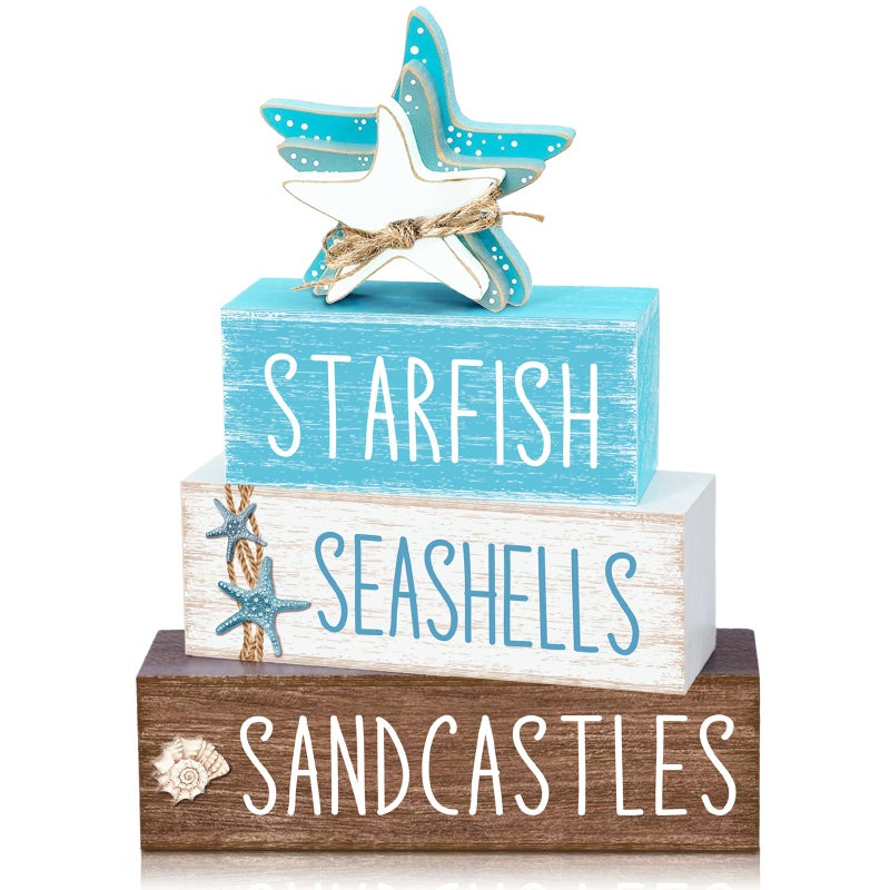 Yuntau 4 Pcs Beach Summer Table Decor Starfish Seashell Coastal Wooden Block Sign Ocean Tiered Tray Decor Farmhouse Table Centerpieces Rustic Nautical Decorations for Home Office Desk Shelf Mantel - Image 1