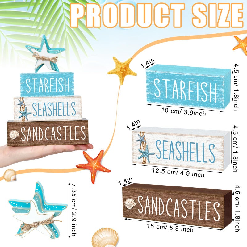 Yuntau 4 Pcs Beach Summer Table Decor Starfish Seashell Coastal Wooden Block Sign Ocean Tiered Tray Decor Farmhouse Table Centerpieces Rustic Nautical Decorations for Home Office Desk Shelf Mantel - Image 3