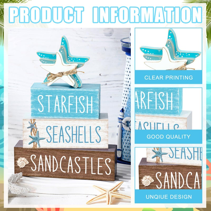 Yuntau 4 Pcs Beach Summer Table Decor Starfish Seashell Coastal Wooden Block Sign Ocean Tiered Tray Decor Farmhouse Table Centerpieces Rustic Nautical Decorations for Home Office Desk Shelf Mantel - Image 4
