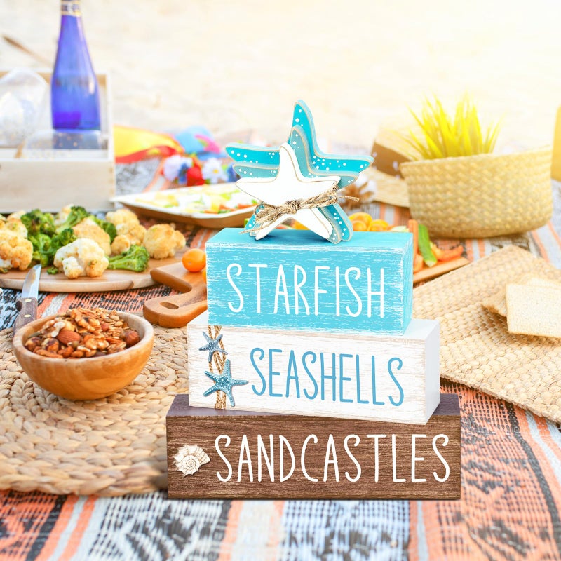 Yuntau 4 Pcs Beach Summer Table Decor Starfish Seashell Coastal Wooden Block Sign Ocean Tiered Tray Decor Farmhouse Table Centerpieces Rustic Nautical Decorations for Home Office Desk Shelf Mantel - Image 5