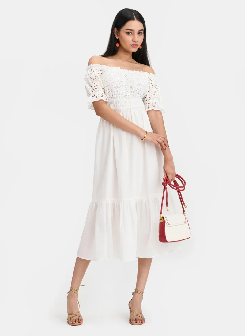 فيرجيو Cotton Schiffli Brunchwear Off Shoulder Dresses for Women