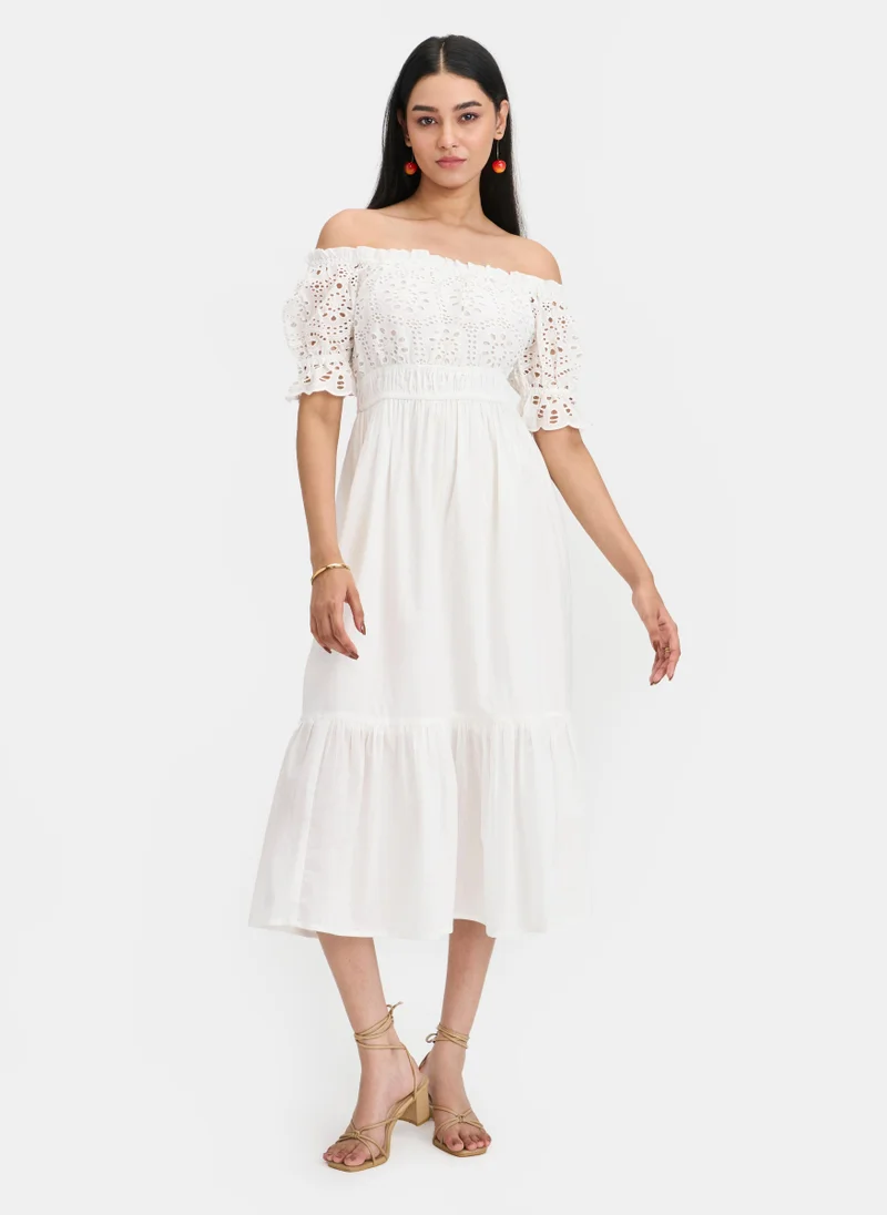 فيرجيو Cotton Schiffli Brunchwear Off Shoulder Dresses for Women
