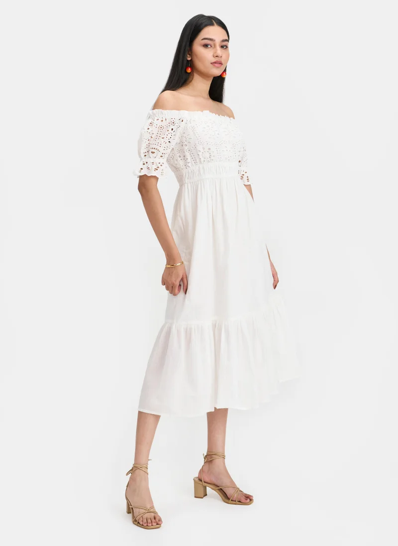فيرجيو Cotton Schiffli Brunchwear Off Shoulder Dresses for Women