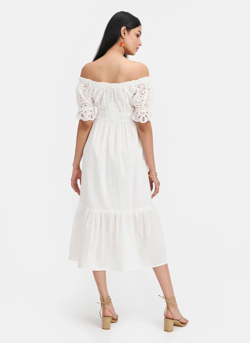 فيرجيو Cotton Schiffli Brunchwear Off Shoulder Dresses for Women