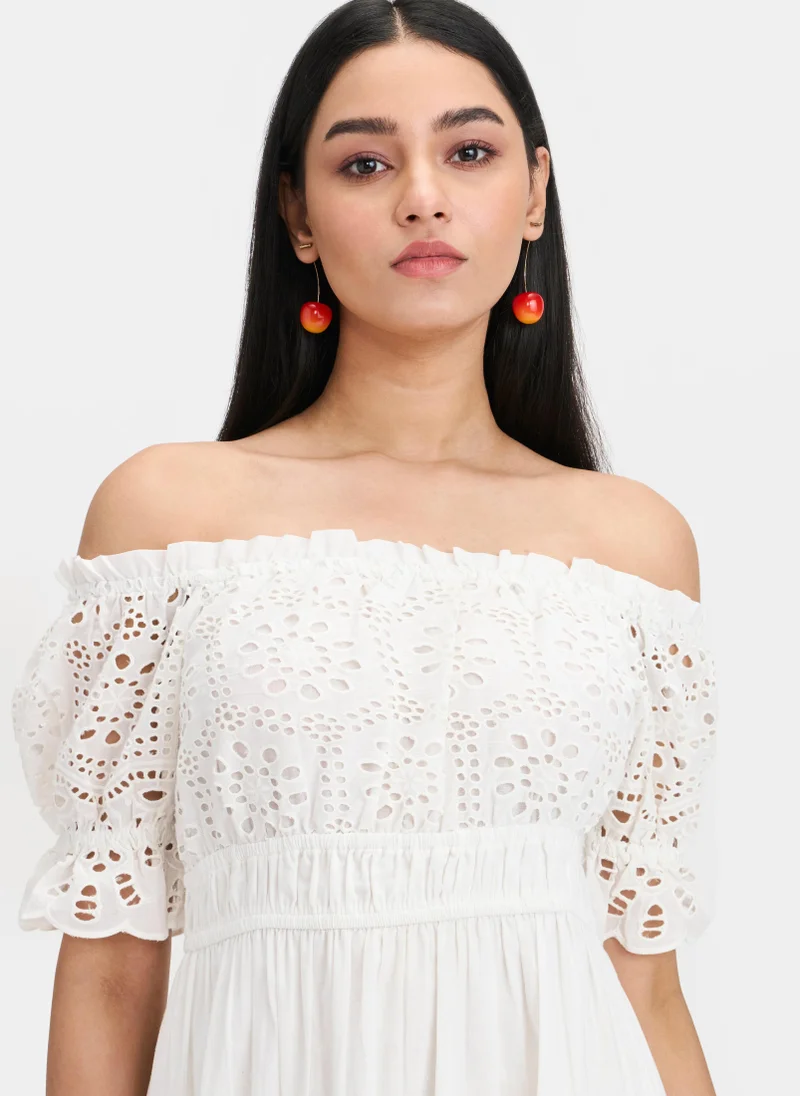 فيرجيو Cotton Schiffli Brunchwear Off Shoulder Dresses for Women