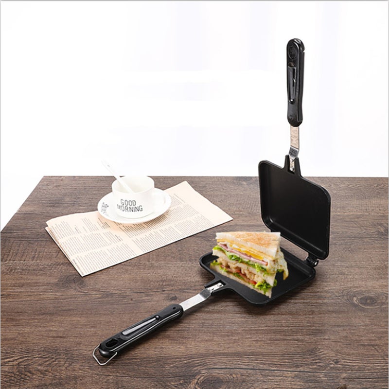 مقلاة لتحضير الساندويتش خبز مشوي مقلاة منزلية مطبخية أدوات تحضير الخبز متعددة الاستخدامات صانع الفطور أدوات وصفية مخصصة للصناعة الذاتية لتحضير الساندويتش والوفل والبن كيك أداة مف سهلة التنظيف مقلاة مزدوجة الجانب مع مقابض - Image 4