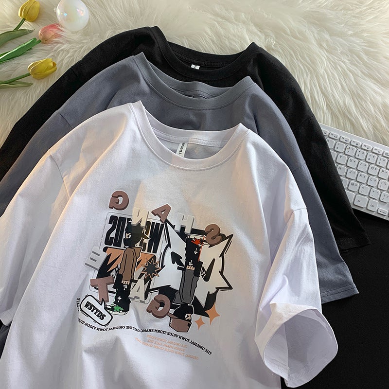 Summer short-sleeved T-shirt men's round neck pullover printed casual fashion brand all-match cotton Youth student sports T-shirt - Image 2