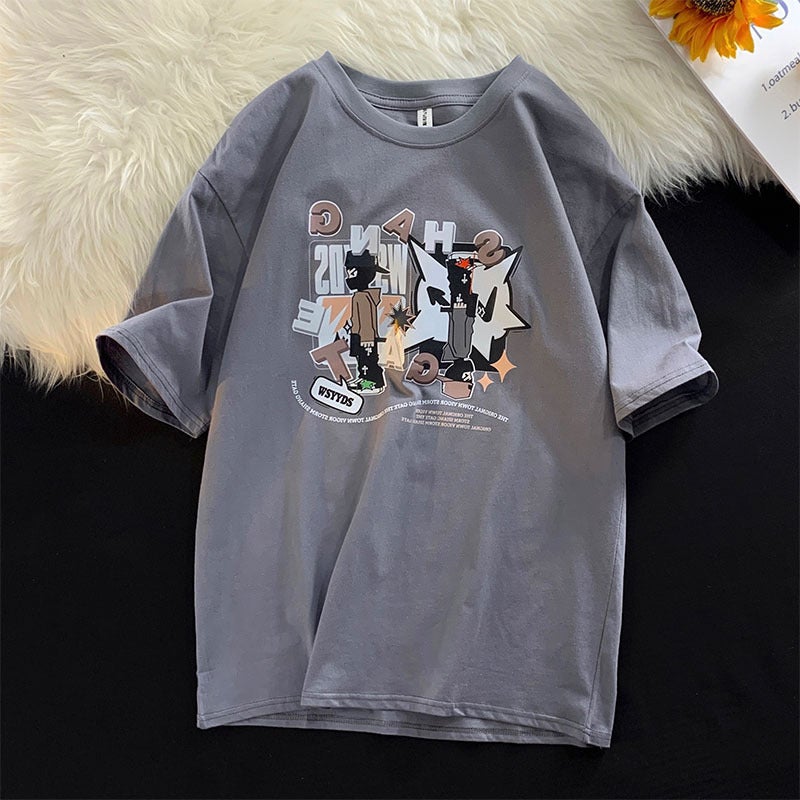 Summer short-sleeved T-shirt men's round neck pullover printed casual fashion brand all-match cotton Youth student sports T-shirt - Image 1