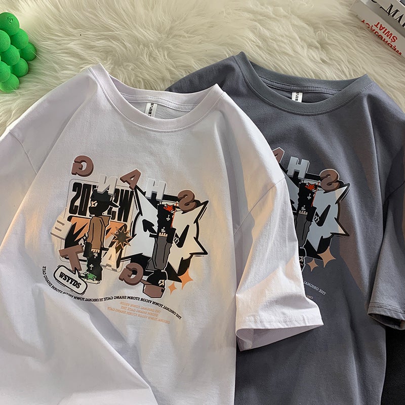 Summer short-sleeved T-shirt men's round neck pullover printed casual fashion brand all-match cotton Youth student sports T-shirt - Image 3
