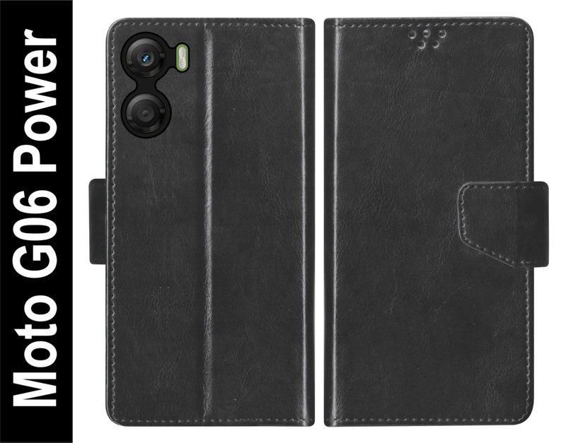 SBMS Flip Cover for Motorola Moto G06 Power Back Cover Case with Magnatic Closure | Genuine Leather Finish | Inbuilt Stand | Card & Money Pocket | Wallet Style Flip Back Case Cover (Black) - Image 2
