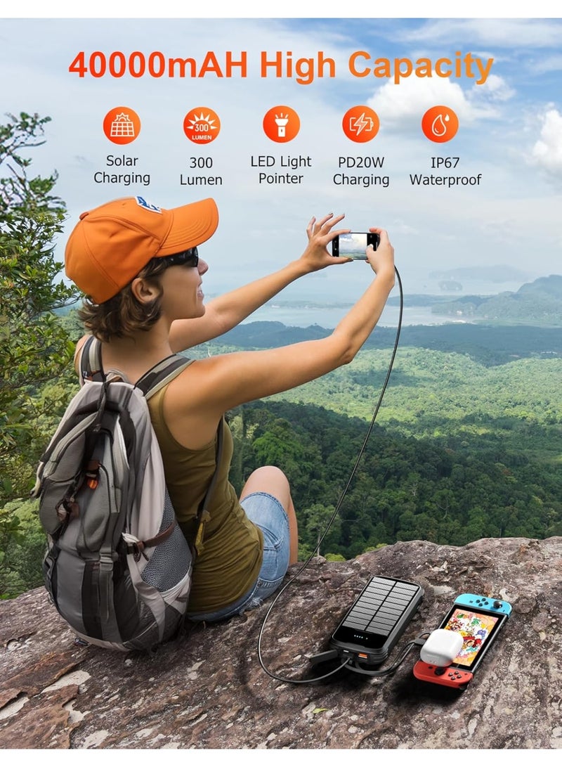 general Solar Charger Power Bank, 40000mAh Portable Charger PD 20W Fast Charging Solar Power Bank Built in 4 Cables and USB-C in/Output, Camping Essentials External Battery Pack with Flashlights - Image 2