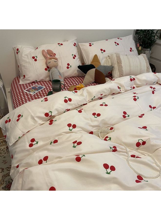 Washed Cotton Four-piece Quilt Cover Single Bedding Student Dormitory Quilt Quilt Cover Sanding Three-piece Bed Sheet Person-Color:Small Cherry-Specifications:1.2m Three-piece Set - Image 1