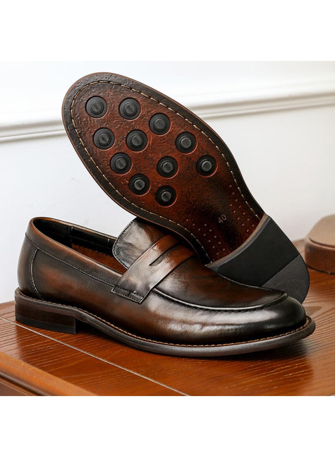 Desai Genuine Leather Hand-scratched Lazy Slip-on Loafers, Business Casual Leather Shoes, Fashionable Men's Shoes, Brown, Size 44 - Image 2