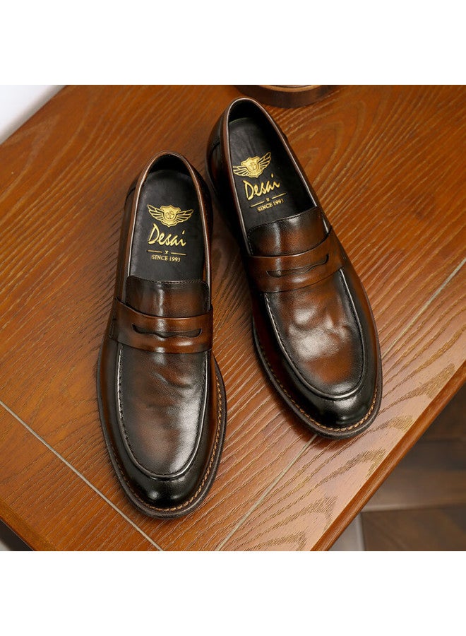 Desai Genuine Leather Hand-scratched Lazy Slip-on Loafers, Business Casual Leather Shoes, Fashionable Men's Shoes, Brown, Size 44 - Image 3