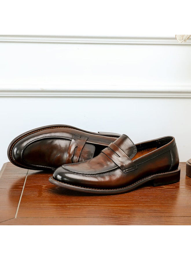 Desai Genuine Leather Hand-scratched Lazy Slip-on Loafers, Business Casual Leather Shoes, Fashionable Men's Shoes, Brown, Size 44 - Image 1