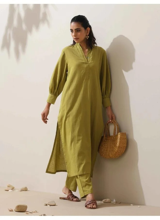 ترو برونز trueBrowns Pear Green Cotton Kurta Pant Set