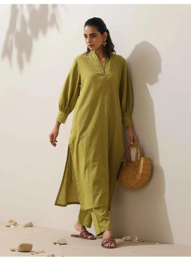 trueBrowns trueBrowns Pear Green Cotton Kurta Pant Set