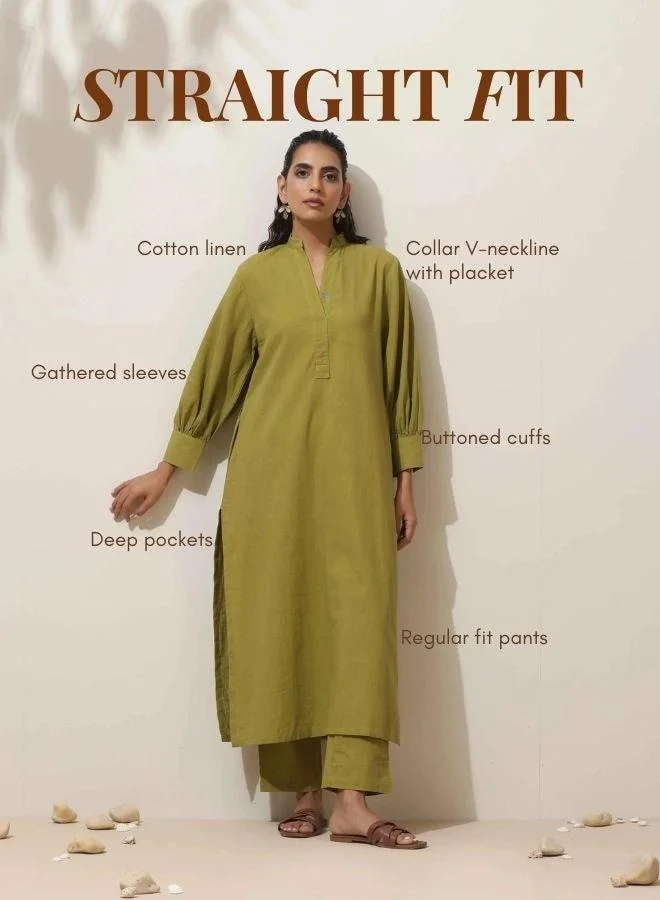trueBrowns trueBrowns Pear Green Cotton Kurta Pant Set