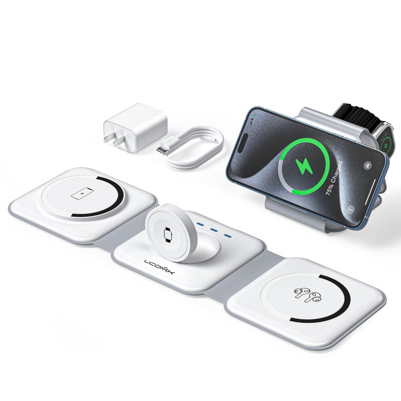 UCOMX 3 in 1 Charging Station for Multple Devices,Foldable 3 in 1 Wireless Charger for Travel,NANO Wireless Charging Station for iPhone17 16 15 14 13 12 Pro Max/Watch 10 9 8 7 6 5 4 3 Ultra/AirPod Pro - Image 1