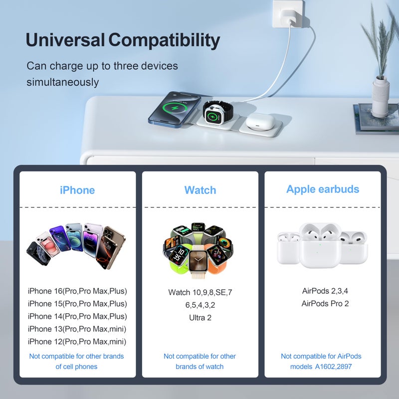UCOMX 3 in 1 Charging Station for Multple Devices,Foldable 3 in 1 Wireless Charger for Travel,NANO Wireless Charging Station for iPhone17 16 15 14 13 12 Pro Max/Watch 10 9 8 7 6 5 4 3 Ultra/AirPod Pro - Image 4