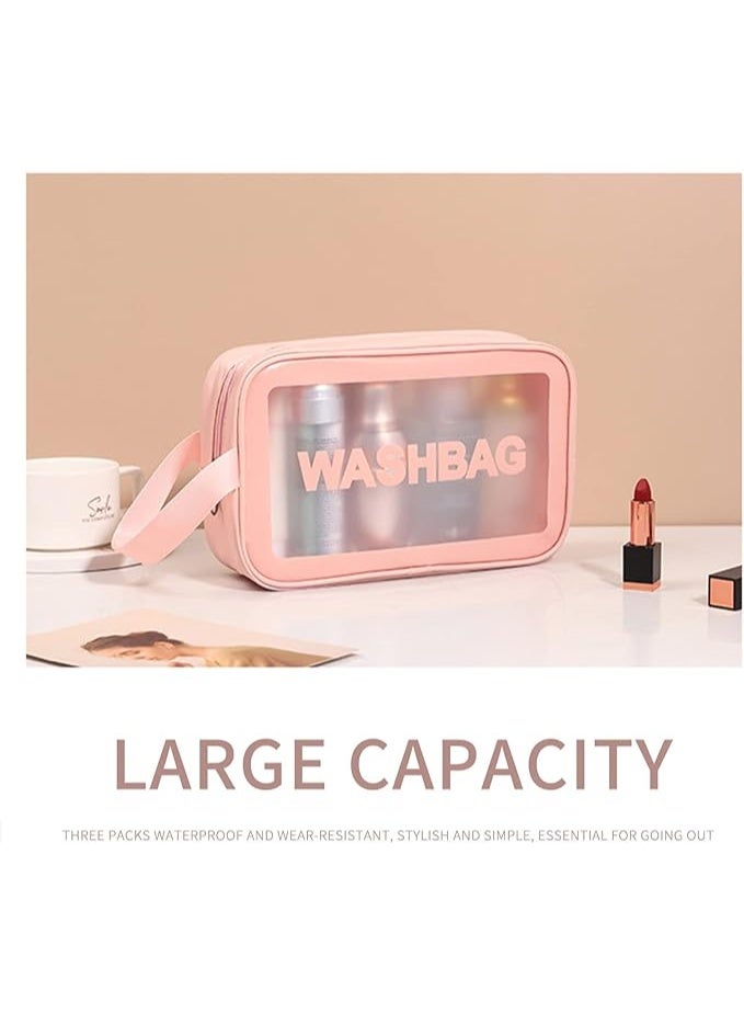 VIUAUAX حقيبة مستحضرات تجميل شفافة حقيبة غسيل بولي كلوريد الفينيل بولي كلوريد الفينيل ثلاث مجموعات من حقيبة تخزين حمام شبه شفافة من البولي يوريثان المتجمد شبه الشفافة حقيبة تخزين السباحة سعة كبيرةحقيبة أدوات الزينة الشفافة للنساء والرجال، حقيبة مكياج شفافة للسفر مقاومة للماء مع مقبض، حقيبة مستحضرات تجميل كبيرة السعة ومقاومة للتسرب للسفر، 3 عبوات - Image 2